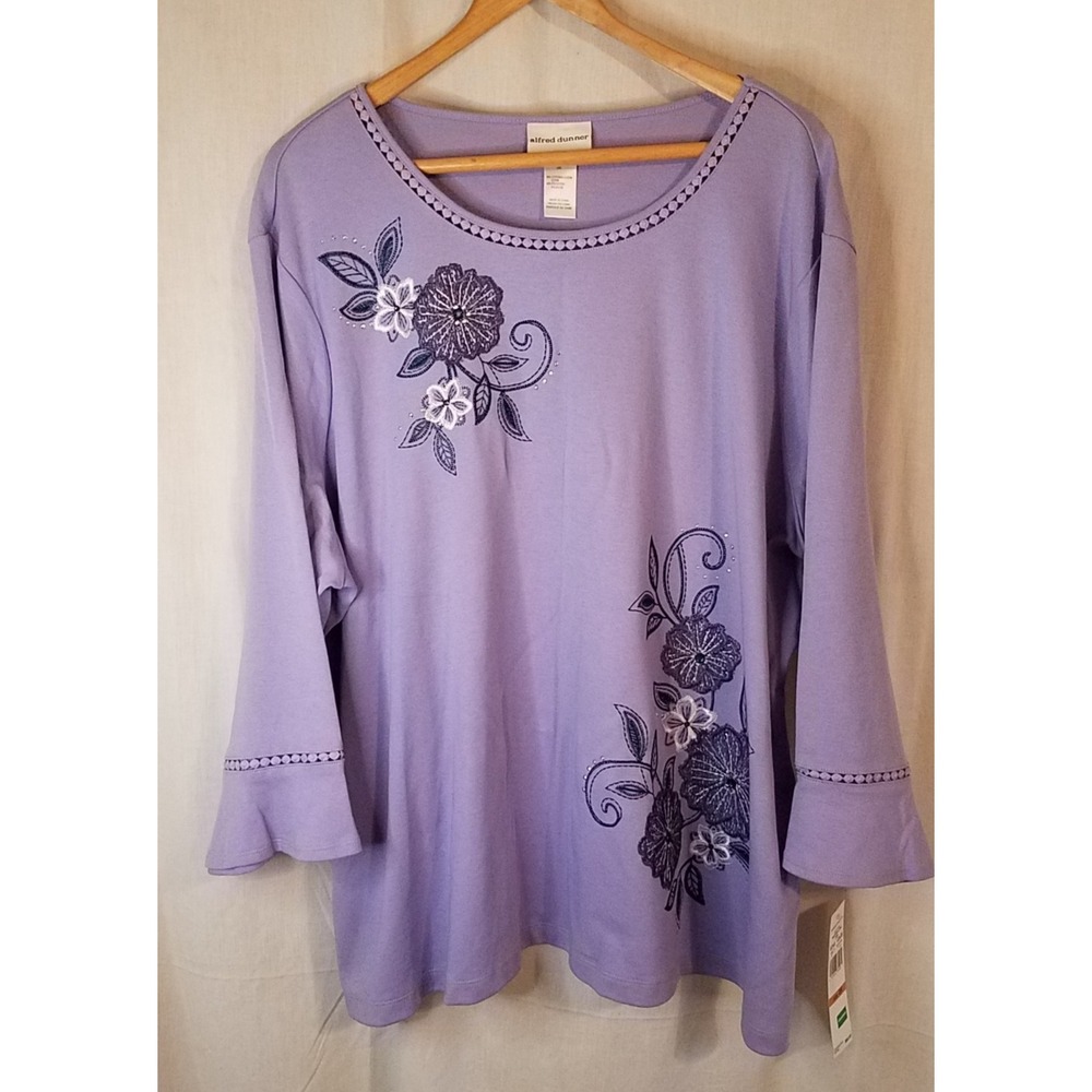 Alfred Dunner Wisteria Lane Embordered Flowers Bell Sleeve Top Sz 3x Purple NWT